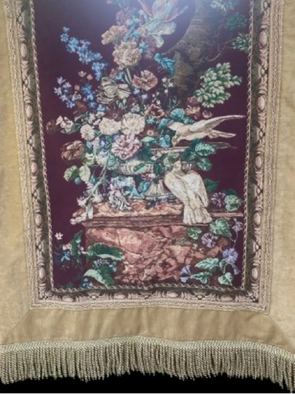 Vintage Wall Tapestry Aubusson Style Floral Birds Fringe Woven Textile 55” x 37”